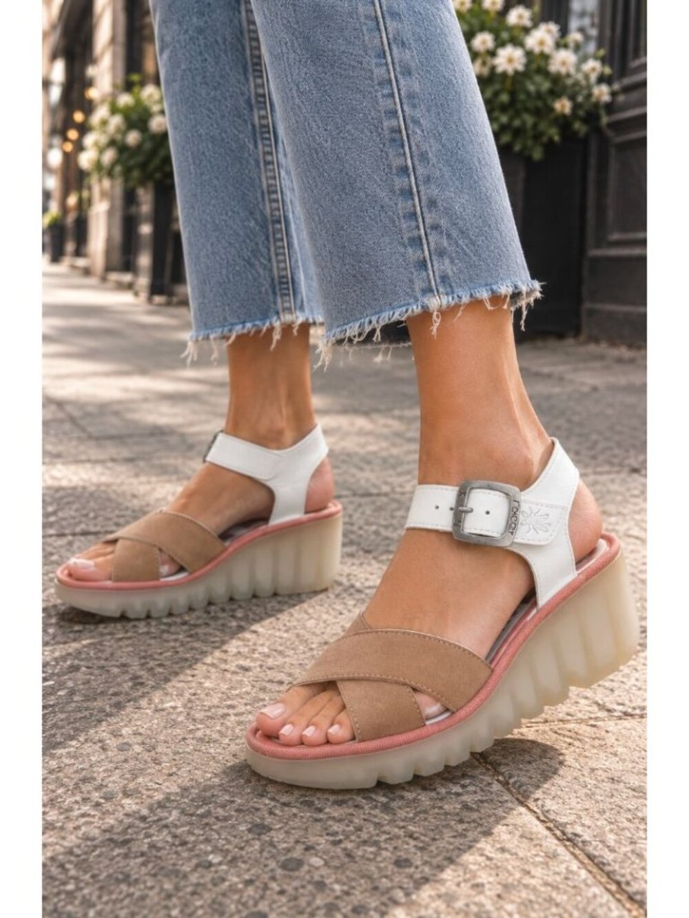 Fly London Bace Platform Wedge Sandal Pink White Leather Size EU 38 Artsy Chic